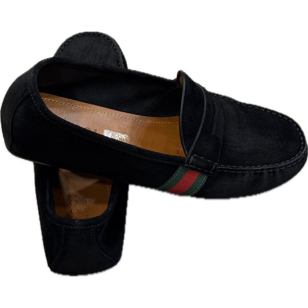 Gucci Black Suede Web Stripe Penny Loafers – Style 566294